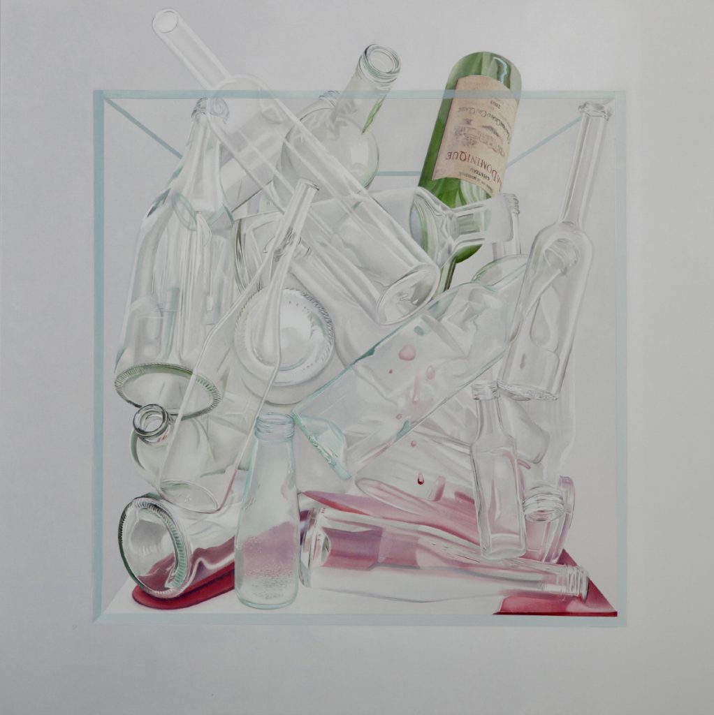Flessen, 2017- Olieverf op paneel, 50 x 50 x 1.50 cm